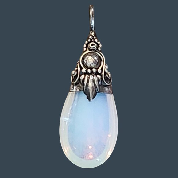 Opalite Silver Teardrop Pendant With Intricate Ornate Bail Design 925 - Picture 1 of 5